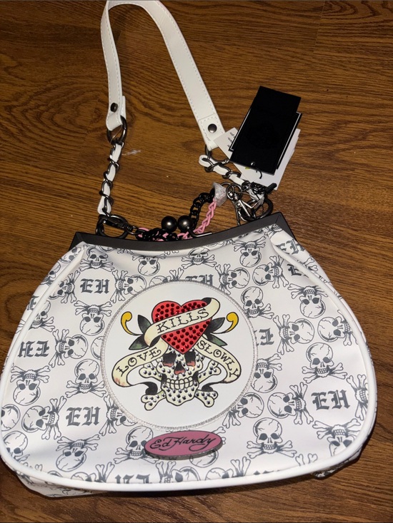 Ed Hardy Handbags - NWT Ed Hardy White and Black Tattoo Skull Shoulder Bag